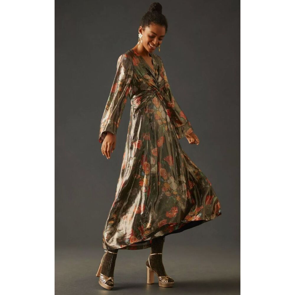 Floral Twist-Front Maxi Dress in Olive Green- Anthropologie